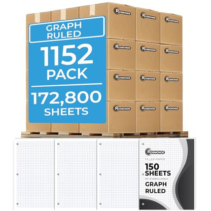 Rosmonde Graph Paper Bulk, 1152 Pack (Pallet), 172800 Sheets, 4x4, Pallet of Loose Leaf Paper, 8" x 10.5", 3 Hole Punched for Binder, Bulk Graphing Paper, Quad Ruled Paper, 4-7 Days Transit - size: Full Pallet (172K Sheets)
