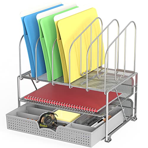 Deco Brothers Mesh Desk Organizer with Double Tray, 5 Upright Section, Gray | Sliding Drawer with Adjustable Dividers - color: Sliver