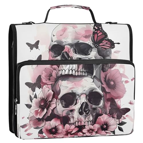 3 Ring Zipper Binder Pink Butterfly Skull Skeleton Binders Bag with Shoulder Strap 500 Sheets Paper Organizer Trapper Keeper Documents Storage File Folder for School Office - color: A1182