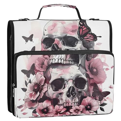 3 Ring Zipper Binder Pink Butterfly Skull Skeleton Binders Bag with Shoulder Strap 500 Sheets Paper Organizer Trapper Keeper Documents Storage File Folder for School Office - color: A1182