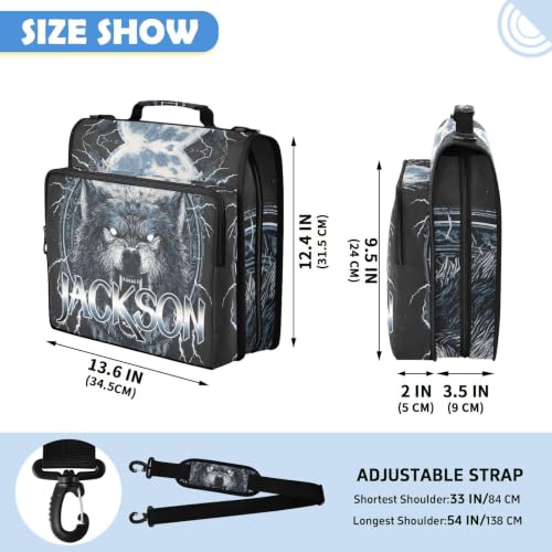 Custom Binder Bag Personalized Moon and Wolf 3 Ring Zipper Binder Bag with Laptop Pockets and Shoulder Strap Tote Binders Organizer Case for School Office - color: Custom Wolf
