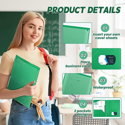 Henoyso 36 Pack Green Plastic Folders with Clear Front Pockets Heavy Duty File Folders with 2 Pockets and Card Slot for Student Communication School Office Presentation Report - color: Green