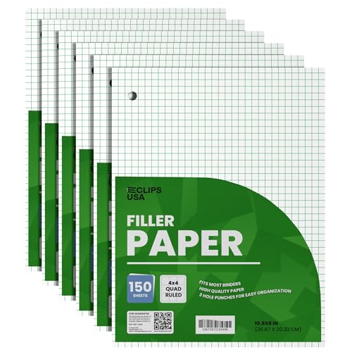 Graph Paper Loose Leaf Paper Quad Ruled Notebook Paper Quad Ruled 4” x 4” Square Lined Writing Filler Paper 10.5” x 8” 900 Sheets 150 Sheets Per Pack 60 gsm (6 Pack) - size: 6 Pack