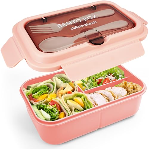 Fanhaw 40 Oz/5 Cup Bento Box for Kids, Men and Women, Lunch Box with 3 Compartments, Utensil, Microwave & Dishwasher Safe (Pink) - color: Pink