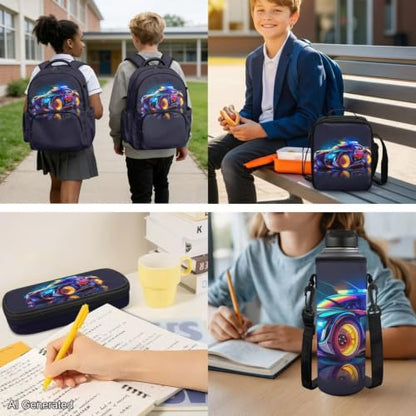 Cool Race Car Backpack for Boys Kids Backpack with Lunch Box Water Bottle Holder and Soft Pencil Case 4 Pcs Set 17 inch Sturdy Bookbag with Front Pocket for School Lightweight School Bag - color: Cool Race Car