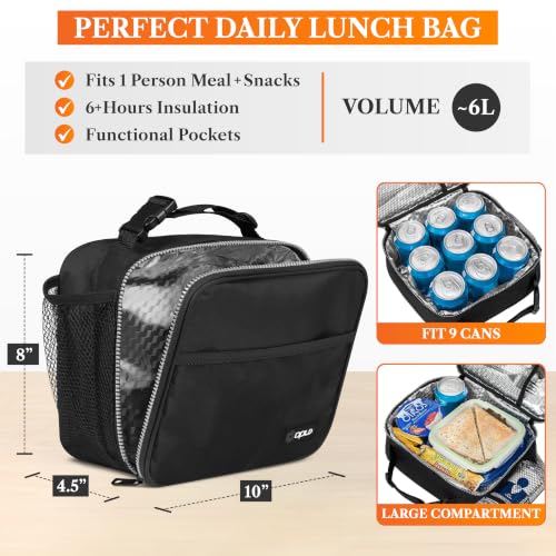 opux Insulated Lunch Bag for Kids, Reusable Lunch Box for School with Leakproof Lining, Compact Soft Cooler Tote for Boys & Girls, Front Pocket, Mesh Side Bottle Holder (Black) - color: Black
