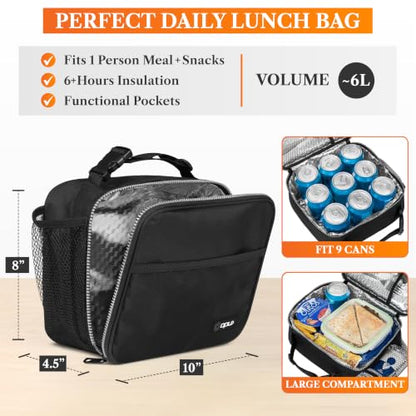 opux Insulated Lunch Bag for Kids, Reusable Lunch Box for School with Leakproof Lining, Compact Soft Cooler Tote for Boys & Girls, Front Pocket, Mesh Side Bottle Holder (Black) - color: Black