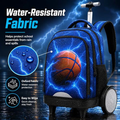UFNDC Big Wheel Boys Backpack with Wheels, Water-Resistant Rolling School Bag with Lunch Box & Pencil Case, 3-Pack Kids Wheeled Bookbag Travel Set - Lightning Basketball - color: Rolling Backpack Lightning Basketball Blue