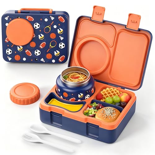 Kids Lunch Box with Thermo, Leakproof Bento Box for Kids with 8OZ Insulated Food Jar, Ice Pack, Sauce Cup, Utensils, Removable Tray & Dividers for School Daycare Travel (Sports) - color: Sports