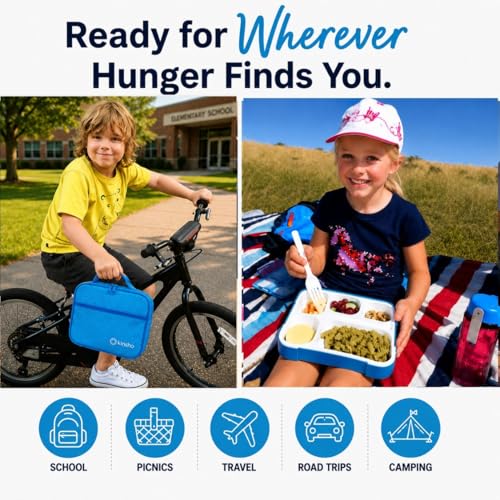 kinsho Lunch Boxes for Kids Boys Teens - Bento Box Set with Insulated Bag and Ice Pack, 6 Compartment Leak Proof Food Container, BPA-Free, Microwave Safe, Ideal for School & Work, Blue - color: Blue