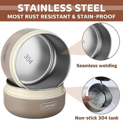 Dandat 4 Pcs Insulated Lunch Container, Portable Bento Box, Stainless Steel Lunch Box, Round Stackable Leakproof Thermal Food Container for Adult Men Women with Insulated Bag, 74 oz(Khaki) - color: Khaki