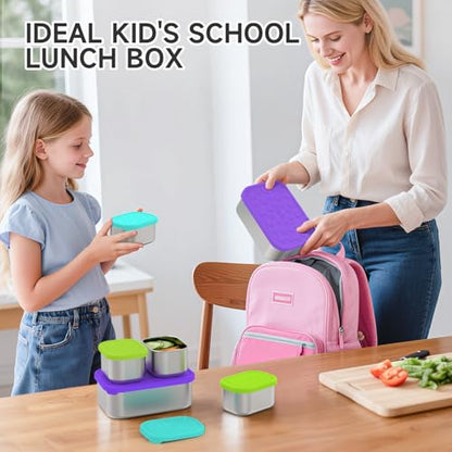 SOPHICO Stainless Steel 24 OZ Snack Containers for Kids，Food Storage Container with Silicone Lid - Perfect 304 Metal Toddler Lunch Box for Daycare and School, Leak Proof （Purple） - color: 24oz+8oz*2(Purple)