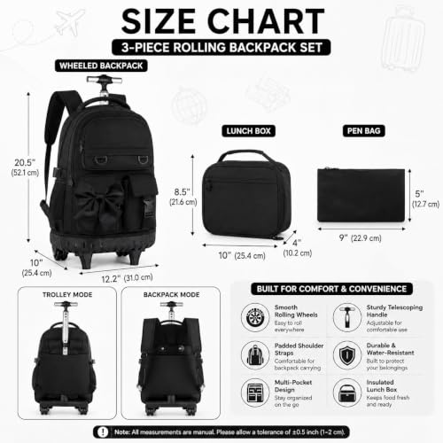 3Pcs Rolling Backpack for Girls Women, School Kids Roller Bookbag with Wheels, Wheeled Backpacks Set for Elementary (Black) - color: Bow Black