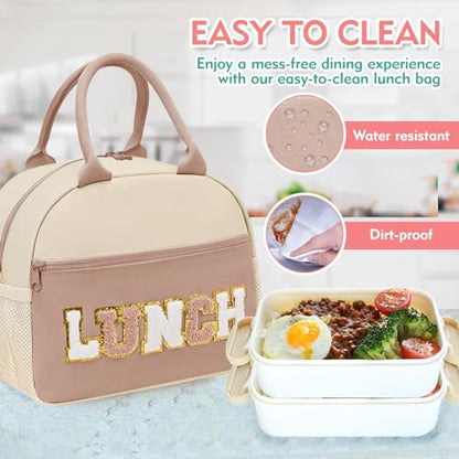 Lunch Bag for Girls and Women, Cute Preppy Lunch Bag with Chenille Letters, Insulated Large Capacity Lunch Tote with Detachable Strap for School, Work & Picnic, Coffee - color: Coffee