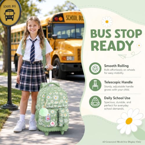 WZLVO 3PCS Roller Backpack, Water Resistance Girls Rolling Bookbag with Wheels, Women Aesthetic Wheeled School Bag, Set with Lunch Bag & Pencil Bag for Teens & Kids - Green Chrysanthemum - color: 3pcs Girls Rolling Backpack - Green Chrysanthemum
