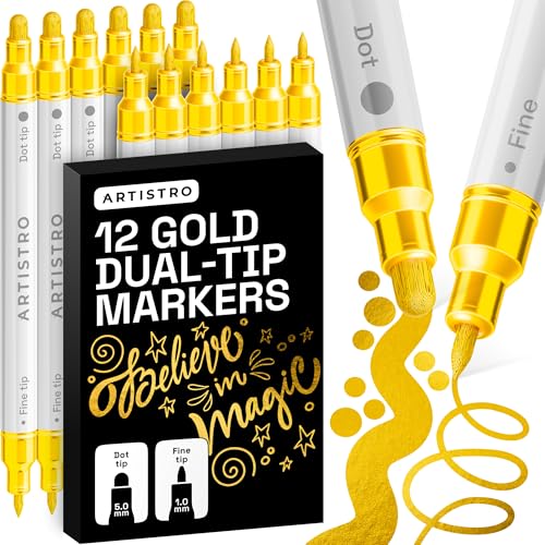 ARTISTRO 12 Gold Dual-Tip Acrylic Paint Markers – Paint Pens Set with Dot & Fine Tips for Fabric, Rock, Glass, Wood, Coloring Books – Arts & Crafts Gift – Classroom Must Haves & School Supplies - style: Gold
