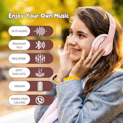 Wireless Bluetooth Headphones Over Ear 65H Playtime HiFi Stereo Headset with Microphone and 6EQ Modes Foldable Bluetooth V6.0 Headphones for Travel Smartphone Computer Laptop Rose Gold - color: Rose Gold