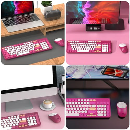 Wireless Keyboard and Mouse Combo, 2.4GHz Colorful Cute Round Keycaps Keyboard for Office Computer PC Desktops Laptop (96 Keys Rose Red) - color: 96 Keys Rose Red