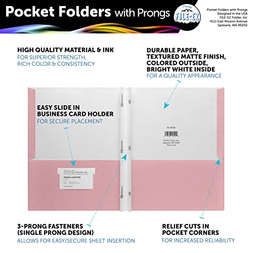 FILE-EZ Two-Pocket Folders with 3-Prong Fasteners, Pink Color, 25-Pack, Durable Textured Paper, Matte Finish, Letter Sheet Size (EZ-92590) - color: Pink