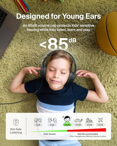 Belkin SoundForm Mini Kids Wired Headphones w/USB C to 3.5mm Dongle, Built-in Mic & Fun Stickers, 85dB Max Volume – for Online Learning, Travel, Compatible w/iPhone 16, iPad, Galaxy S25, etc - Black - color: Black, style: Wired (USB-C)