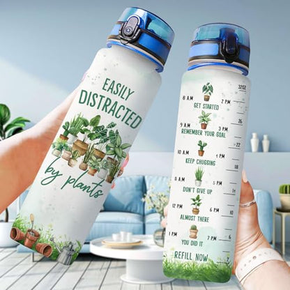 Plant Lover Water Bottle 32oz with Motivational Time Marker Easily Distracted by Plants Gift for Women Gardening Houseplant Lover Birthday Mothers Day BPA Free Reusable - color: Garden