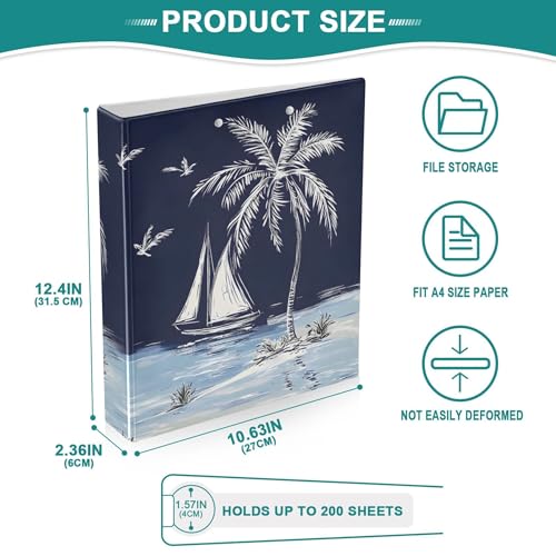 Hawaiian Palm Tree on Navy Blue 3 Ring Binders 1.5 Inch, PVC-Free Clear View Binders Hold 200 Sheets Open D Rings 2 Inner Pockets Clipboard Use, 1 Pack