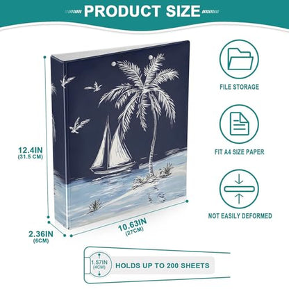 Hawaiian Palm Tree on Navy Blue 3 Ring Binders 1.5 Inch, PVC-Free Clear View Binders Hold 200 Sheets Open D Rings 2 Inner Pockets Clipboard Use, 1 Pack