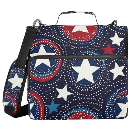 4th of July Circles Point Stars Blue Zipper Binder 3 Ring 1.5 Inch School Binder Organizer with Shoulder Strap Handle File Folder Pockets Large Capacity Students Girl Boy Men Office Work - color: 4th of July Circles Point Stars Blue