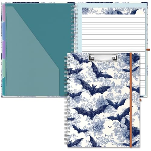Hongri Clipboard Folio with Refillable Lined Notepad, 8.5 x 11 Clip Board | Folders with Storage 10 Pockets, Spiral Portfolio, Size 12.8X 9.7 in, Office & School Supplies, Bats - color: Bats