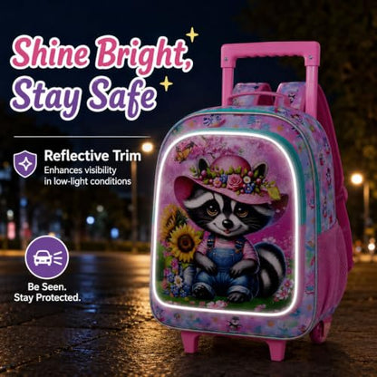 gxtvo Girls Rolling Backpack, Cute Raccoon Roller Wheels Kids Bookbag - Wheeled Elementary School Bag - 3PCS Raccoon - color: Uv Printing Raccoon Pink Rolling Backpack