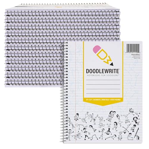 DoodleWrite Wide Ruled Spiral Notebooks, Student School Notebook with Doodle Prompts for Focus & Creativity, Perforated 3-Hole Punched Pages, 8" x 10.5" 50 Sheets, Bulk 24 Pack - size: Wide Rule (Pack of 24), style: 24 Pack