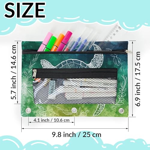 Sea Turtle Pencil Pouch for 3 Ring Binder Teal Green Pencil Case Bag with Clear Window Zipper Pockets for Kids Girls Boys Students School College Supplies 2 Pack - color: Teal Green