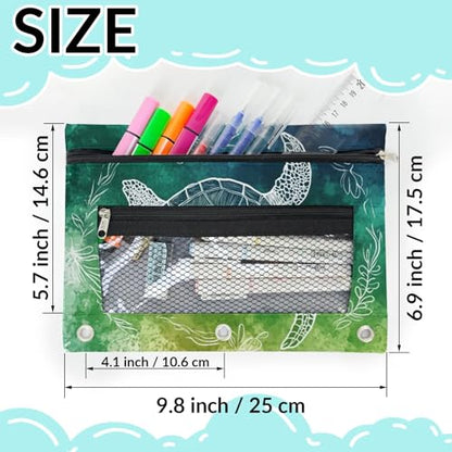 Sea Turtle Pencil Pouch for 3 Ring Binder Teal Green Pencil Case Bag with Clear Window Zipper Pockets for Kids Girls Boys Students School College Supplies 2 Pack - color: Teal Green