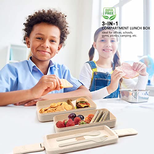 Bento Box Japanese Lunch Box Kit Leakproof Bento Lunch Box for Kids Adults Wheat Straw 3 Layer Stackable Lunch Containers with Compartment Eco-Friendly Meal Prep Containers (Beige) - color: Beige, size: 5Pcs