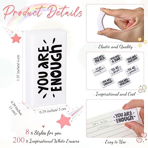 PerKoop 200 Pcs Erasers Bulk for Kids, Inspirational Back to School Pencil Eraser - White Fun Motivational Erasers Gifts for Kids Students Borradores Classroom Prizes School Office Supplies