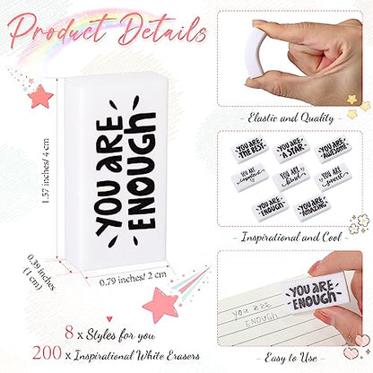PerKoop 200 Pcs Erasers Bulk for Kids, Inspirational Back to School Pencil Eraser - White Fun Motivational Erasers Gifts for Kids Students Borradores Classroom Prizes School Office Supplies