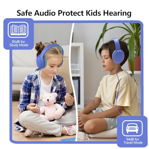 Kids Headphones Wired,Wired Headphones for Kids Over Ear with Microphone,85/94dB Volume Limiter Headphone for Kids Boys Girls Teens Children,3.5mm Wired Foldable Headphone for School/Tablet (Blue) - color: Blue
