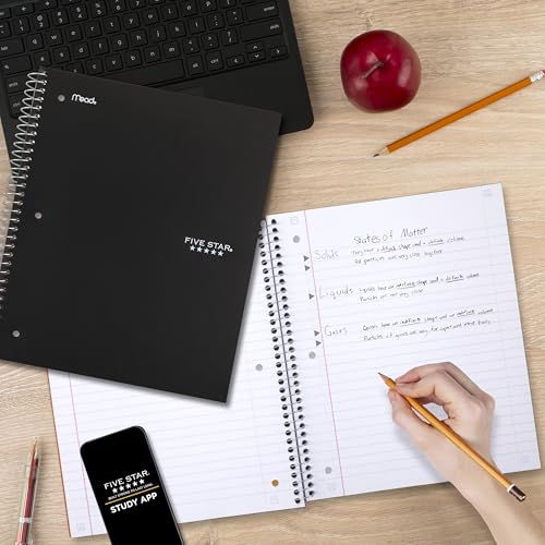 Five Star Spiral Notebook + Study App, 3 Subject, Wide Ruled Paper, 8" x 10-1/2", 150 Sheets, Black (73094) - color: Black, size: 8" x 10-1/2" (Pack of 1)