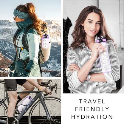Hyeta Water Bottle with Straw & Time Marker, Plastic 32oz Leakproof | Motivational Tritan BPA Free Gym Office Outdoor Intake Tracker Hourly Reminder Straw Lid Carry Strap - color: Clear Wisteria