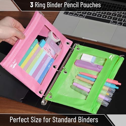 Mr. Pen- Pencil Pouch for 3 Ring Binder, 2 Pack, 10"x6.75", Smooth Zipper | Clear Window, Large Capacity Pencil Case with 3 Reinforced Grommets for School, Office, Supplies Storage | Clear Window, Large Capacity Pencil Case with 3 Reinforced Grommets for