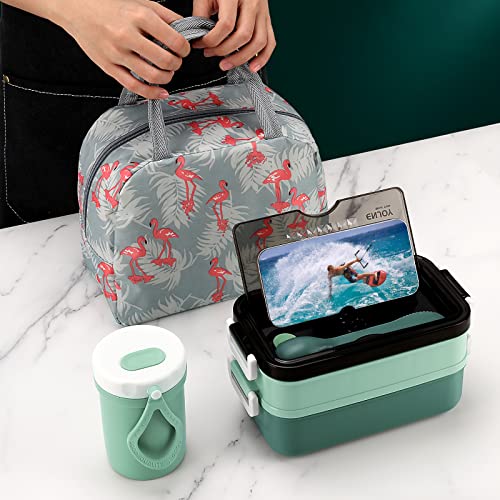 2-Tier Bento Lunch Box for Women & Adults with Insulated Lunch Bag | 50 OZ Large Capacity Bento Box with BPA-Free Utensils & Cup & Sauce Container, Leakproof, Microwave Safe for Work & Meal Prep - color: Green
