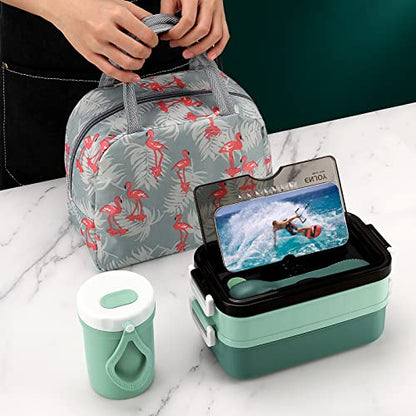 2-Tier Bento Lunch Box for Women & Adults with Insulated Lunch Bag | 50 OZ Large Capacity Bento Box with BPA-Free Utensils & Cup & Sauce Container, Leakproof, Microwave Safe for Work & Meal Prep - color: Green