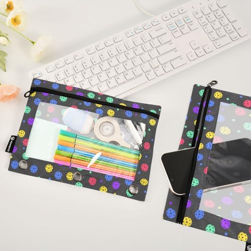 2 Pack 3 Ring Binder Pencil Pouch Colorful Pickleball Pencil Case Pencil Bags with Zipper, Clear PVC Binder Pockets for Office Daily Supplies - color: Color 17