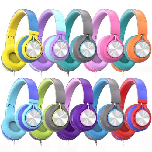 AILIHEN Classroom Headphones Bulk 10 Pack with Microphone - C8 On-Ear Wired Kids Headphones for School with 3.5mm Jack for Library Online Learning (Multicolor) - color: Multicolor