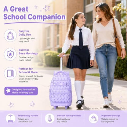 3Pcs Rolling Backpack for Girls Women, School Kids Roller Bookbag with Wheels, Wheeled Backpacks Set for Elementary (Purple) - color: Star Purple