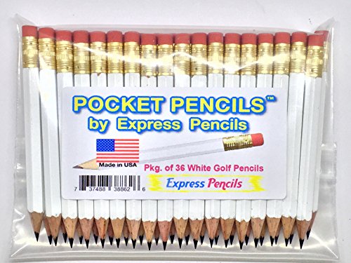 Half Pencils with Eraser - Golf, Pew, Short, Mini, Small, Non Toxic - Hexagonal, Sharpened, #2 Pencil, Color - White, Pkg of 36 Pocket Pencils™