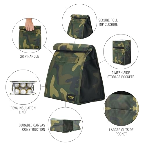 2nd Childhood Insulated Lunch Bag for Men, Durable & Reusable, Camo | Slim lunch bag with carry handle, two mesh side pockets and a back slip pocket; insulated liner keeps food cool - color: Camo