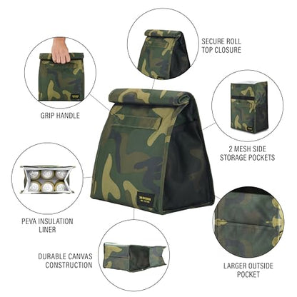 2nd Childhood Insulated Lunch Bag for Men, Durable & Reusable, Camo | Slim lunch bag with carry handle, two mesh side pockets and a back slip pocket; insulated liner keeps food cool - color: Camo
