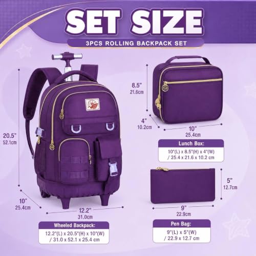 WZLVO Rolling Backpack for Girls Women, 21 inch Water Resistant Roller Wheels Backpacks, Wheeled Bookbag with Lunch Bag for Teen Elementary School Travel - Dark Purple - color: Dark Purple