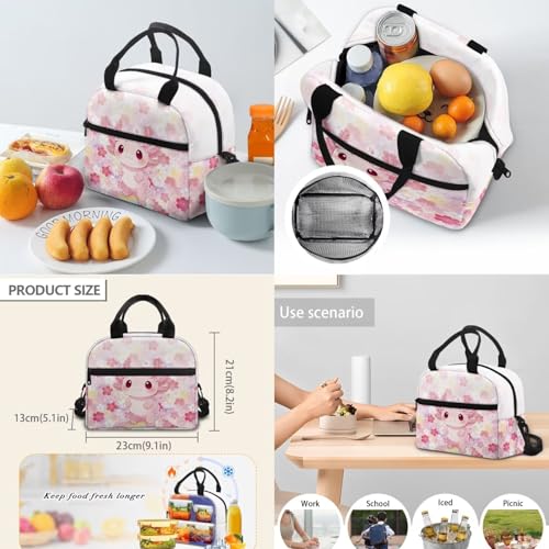 17 Inch Kid's 4PCS Backpack Set, Back to School Essentials | Insulated lunch box, water bottle pouch, pencil case, lightweight, padded shoulder straps, for elementary, middle school - color: Cherry Blossom Axolotl